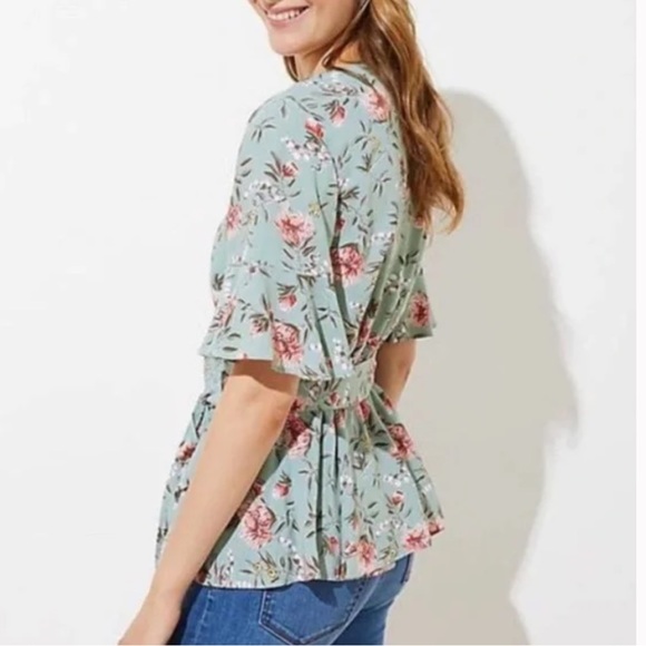 Loft Floral Sage and Pink Wrap Flutter Sleeve Top - Picture 2 of 2